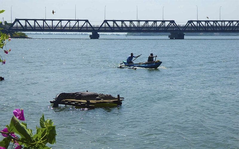 Laguna de Batticaloa y puente de Kallady de fondo con pescadores en barca 
