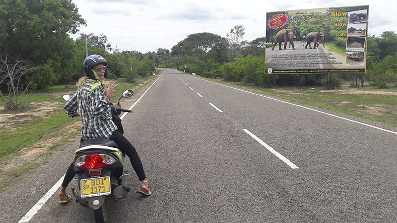 cartel conducir slow slow y chica moto en la carretera Arugam Bay