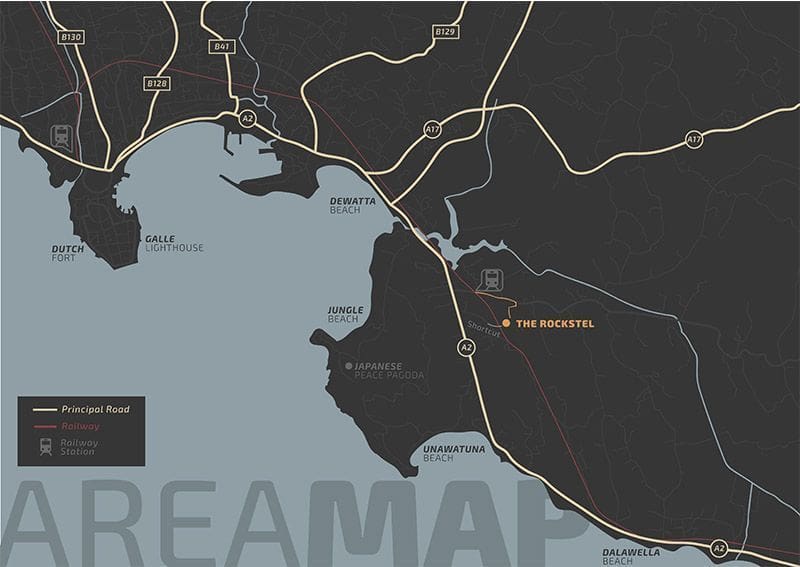 mapa del area del hostel y de Unawatuna