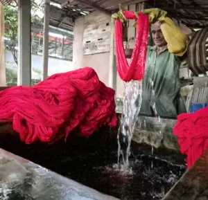 señora lavando tejido tras tinte en taller Sooriya Weaving Mills en Galle